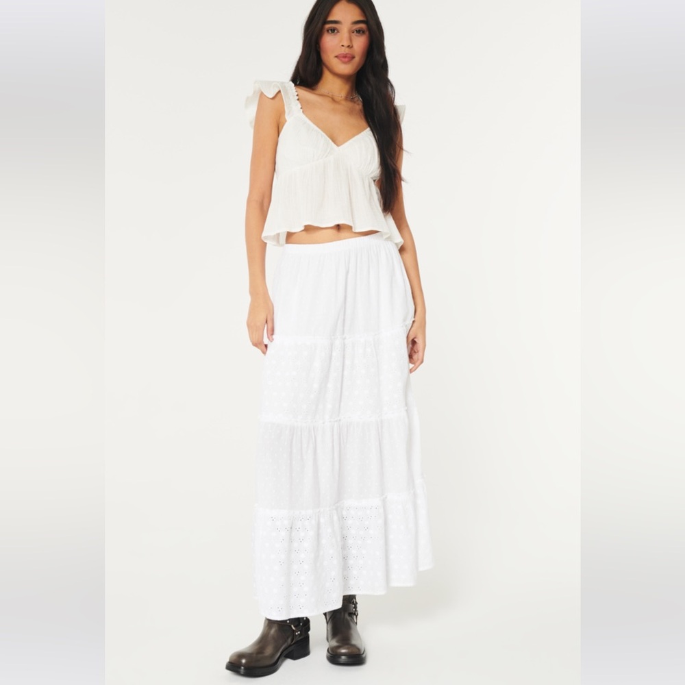 Hollister White Tiered Eyelet Maxi Skirt
